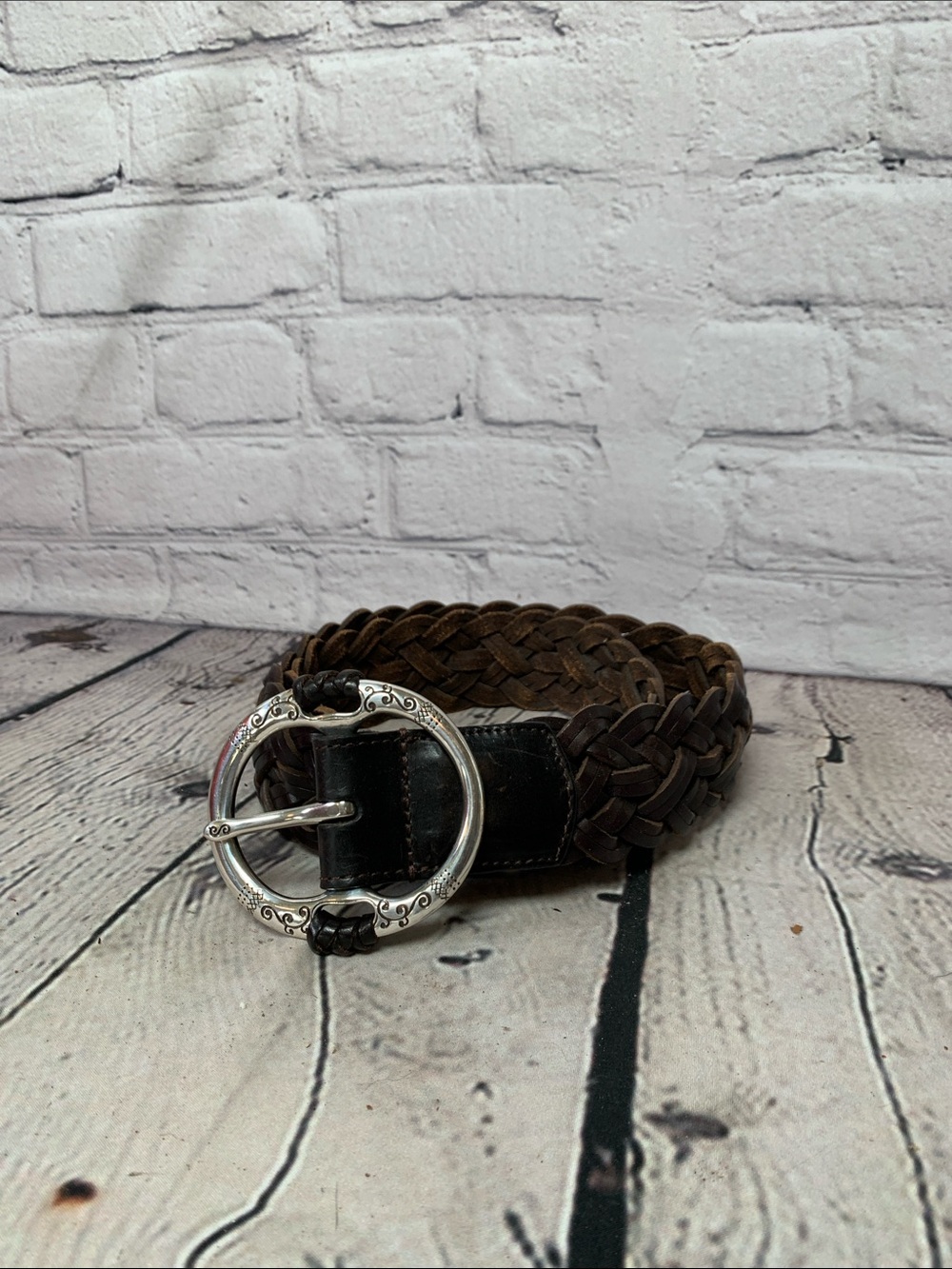 Brighton Braided Dark Brown Leather Belt with Silver Ornate Round Buckle